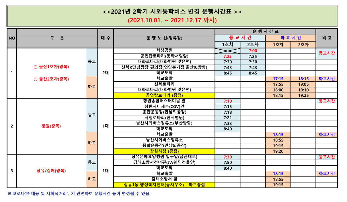 2021년도 2학기 시외통학버스 운행 일정 변경 알림 | 유통경영학과