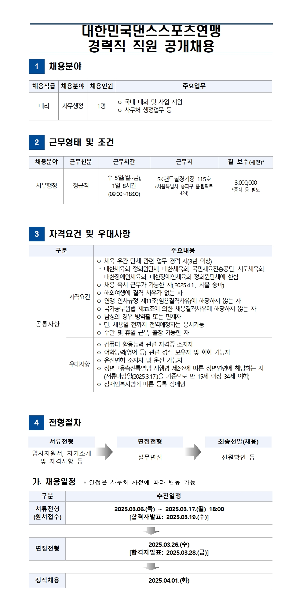 [대한민국댄스스포츠연맹] 2025 경력직 직원 채용 공고 | 축구·스포츠산업학과