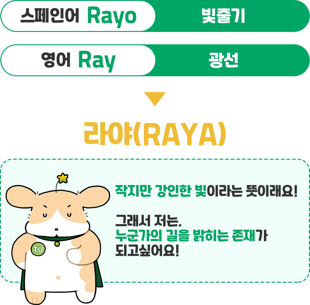 스페인어 Rayo 빛줄기 영어 Ray 광선 라야(RAYA) 작지만 강인한 빛이라는 뜻이래요! 그래서 저는, 누군가의 길을 밝히는 존재가 되고싶어요!